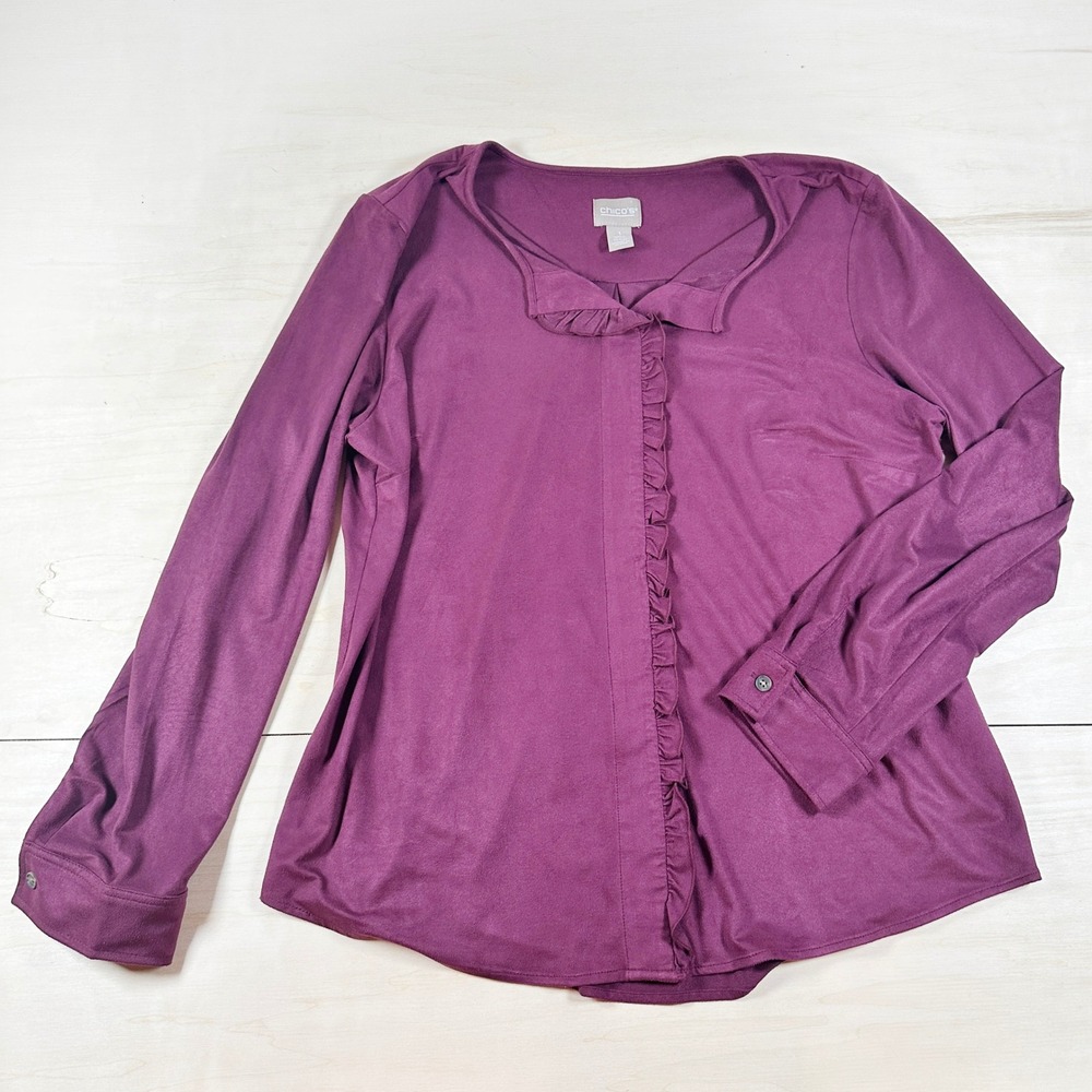 Chicos Fuchsia‎ Top Ruffle front Pink Long Sleeves Sz 1 Soft M